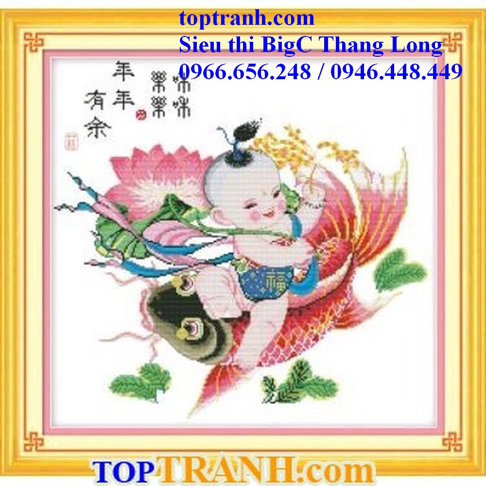 Tranh thêu chữ thập em bé trai cưỡi cá chép Z414 chưa thêu
