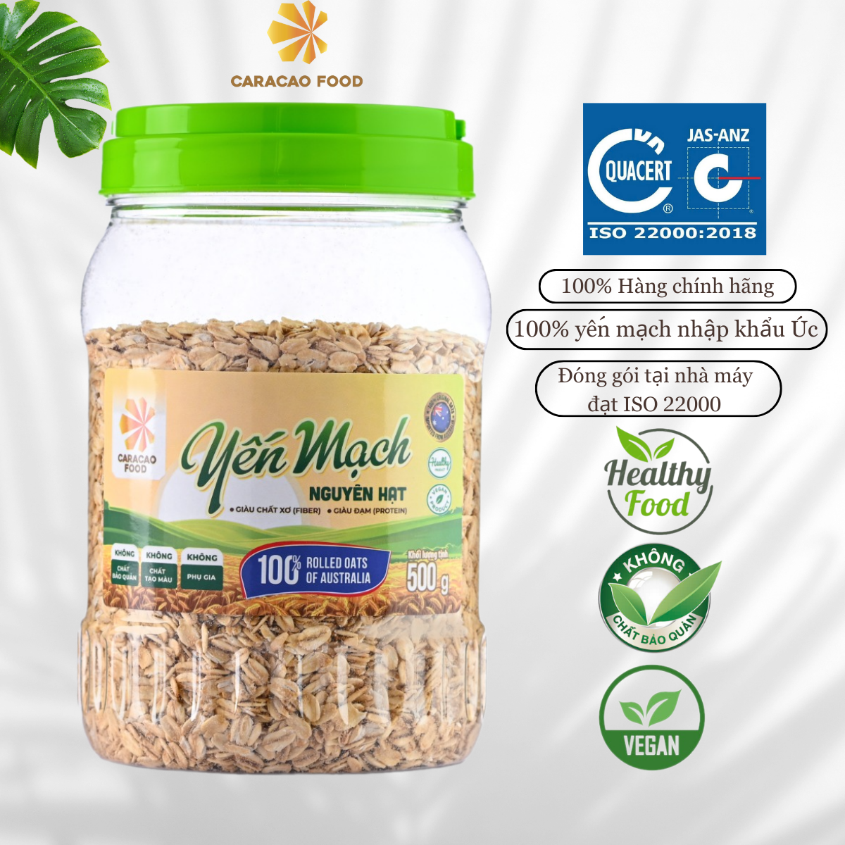 [GIÁ HỦY DIỆT - Date 4.2.2025] Yến mạch Úc Nguyên hạt Cán Dẹt - Hũ 500g,  Eatclean, Giảm Cân, Tập Gym Bổ Sung Dinh Dưỡng - Caracao Food