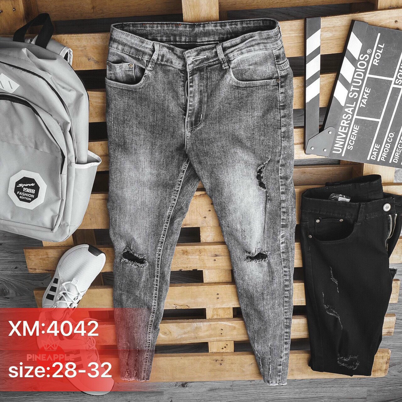 [HCM]Quần Jean Nam Xám Rách Gối Ống Tua Jean Cotton Co giãn 4 Chiều 4042