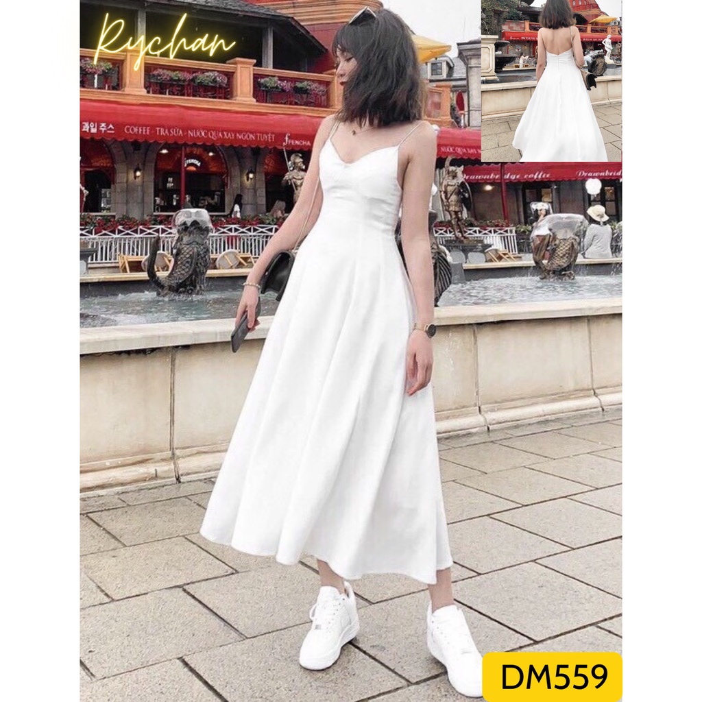 Dm559 - đầm maxi đi biển trắng hai dây hở lưng