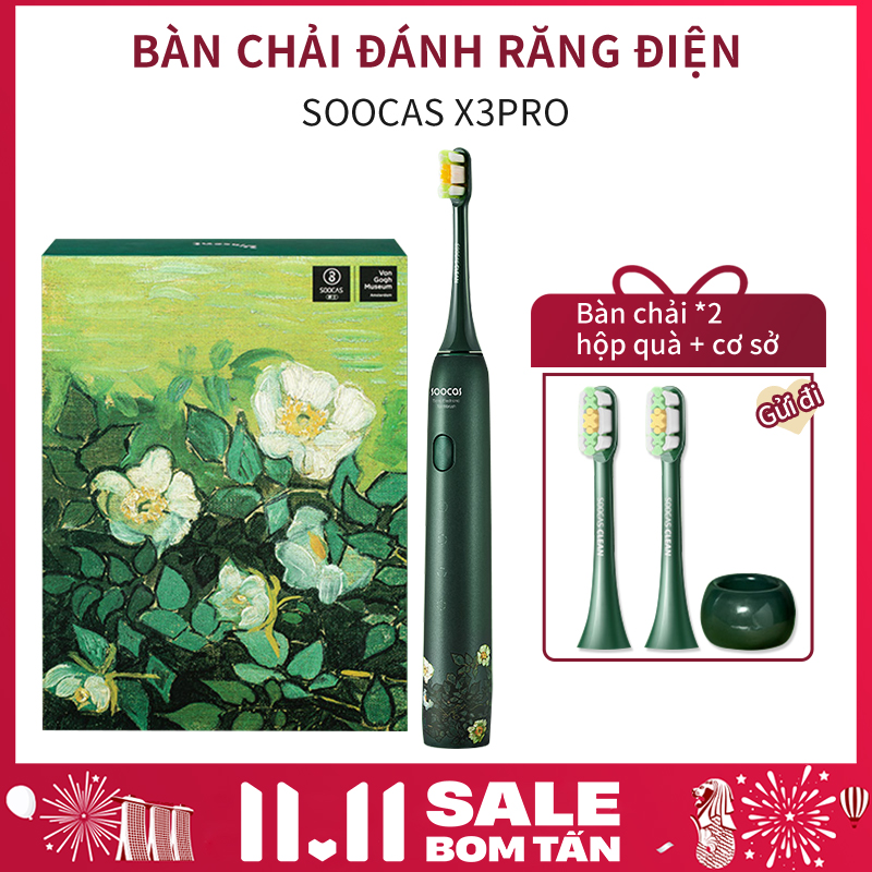 [FREESHIP+VOUCHER 20K] Bàn chải điện cao cấp Soocas X3U công nghệ sóng âm, làm trắng răng - Phiên bản hoa Van Gogh màu xanh lá - Đầu sạc Type-C sạc nhanh, không thấm nước - [HÀNG CHÍNH HÃNG]