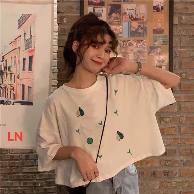 Áo thun tay lỡ áo croptop nữ phối hình bơ chanh