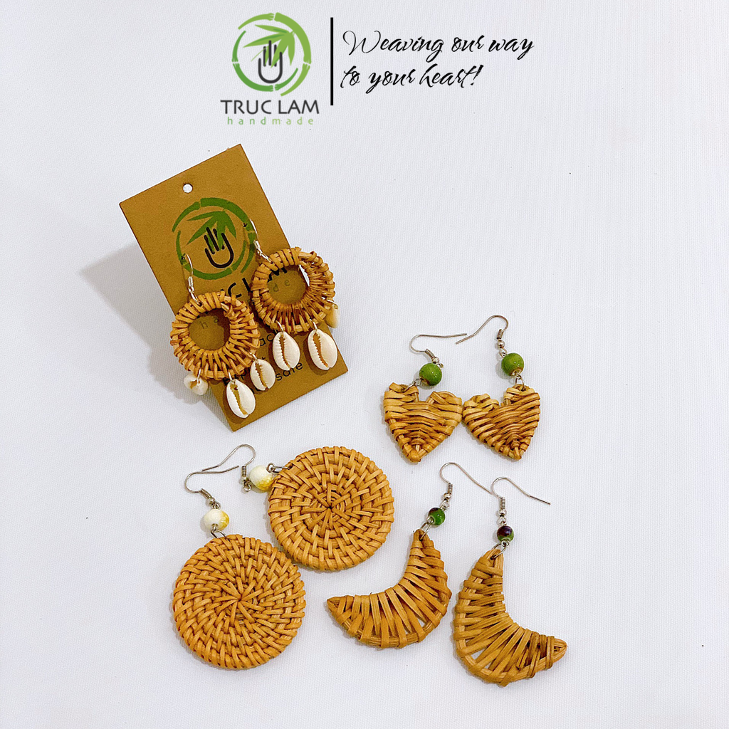 Phụ kiện đi biển khuyên tai cói bông tai mây tre đan KT02 - Trúc Lâm Handmade