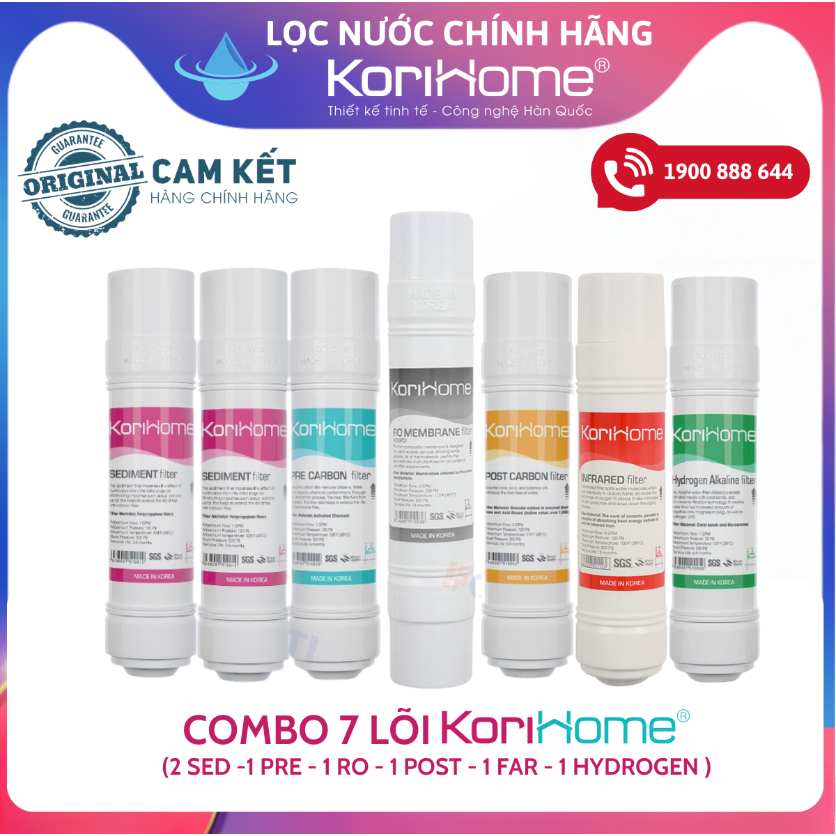 Combo 7 lõi lọc Korihome cho máy model máy Wpk-903, 928 chính hãng (2sed,1pre,1RO,1Post,1Hydrogen,1Far)