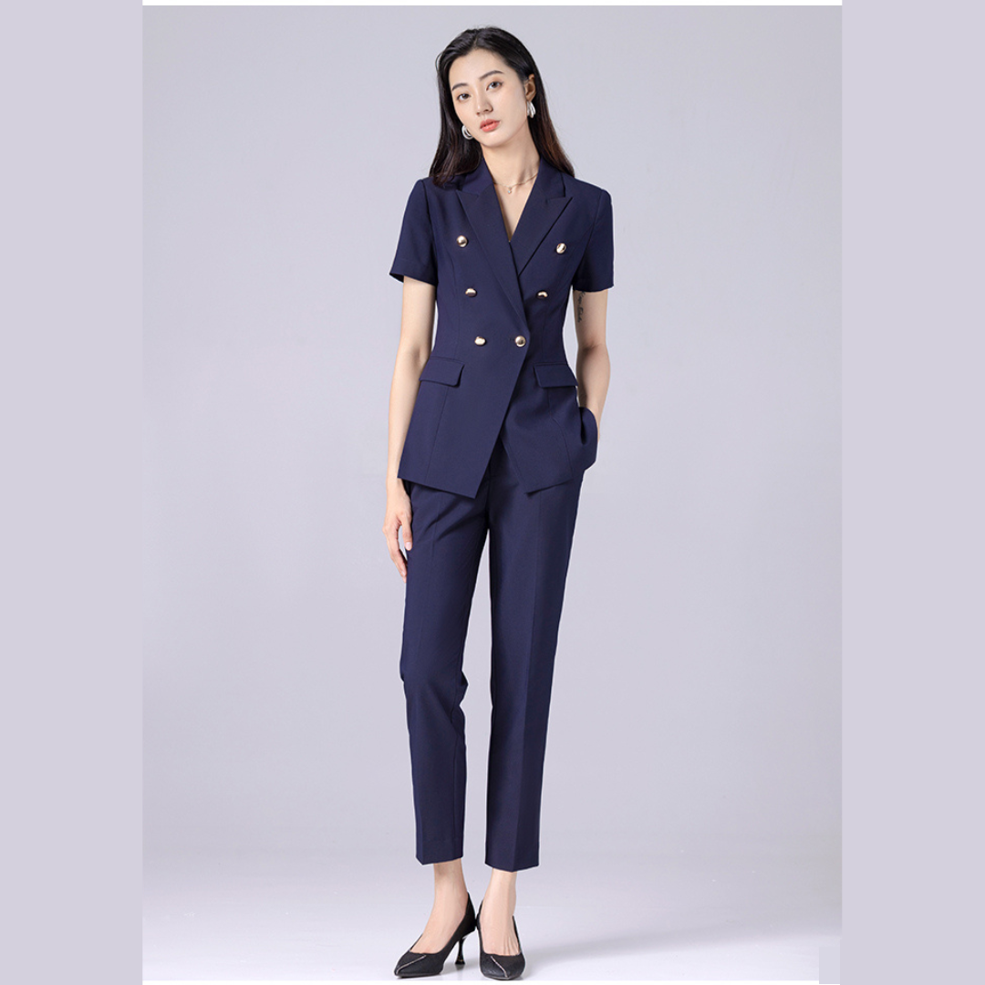Set Vest nữ áo blazer nữ, quần ống đứng màu xanh đen QUYNH Design