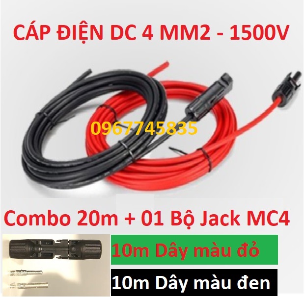 Combo 20m Dây điện năng lượng mặt trời DC 4.0mm2 cáp quang điện một chiều