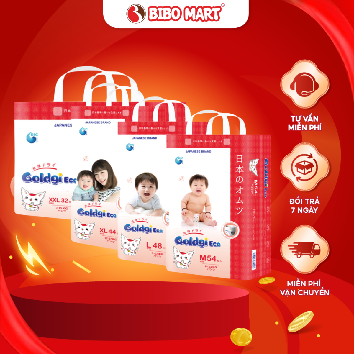 Bỉm Quần Goldgi Eco Nhật Bản Mềm Mại Thấm Hút Tốt An Toàn Cho Làn Da Bé size M L XL XXL - Bibo Mart