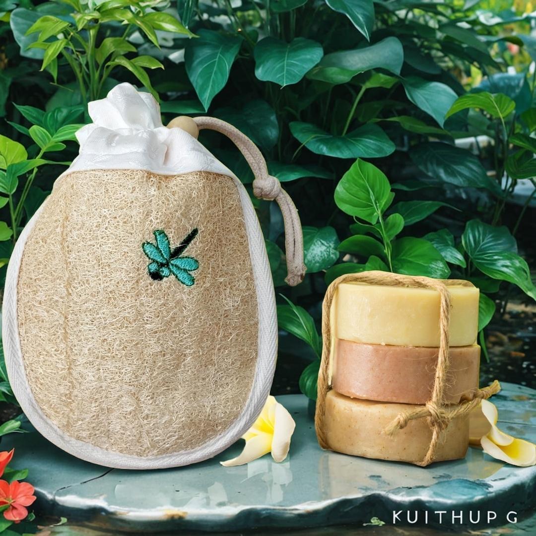 Túi tạo bọt xà phòng + bao tay tắm viền lụa - xơ mướp tắm - bông tắm xơ mướp - túi tắm xơ mướp đa năng