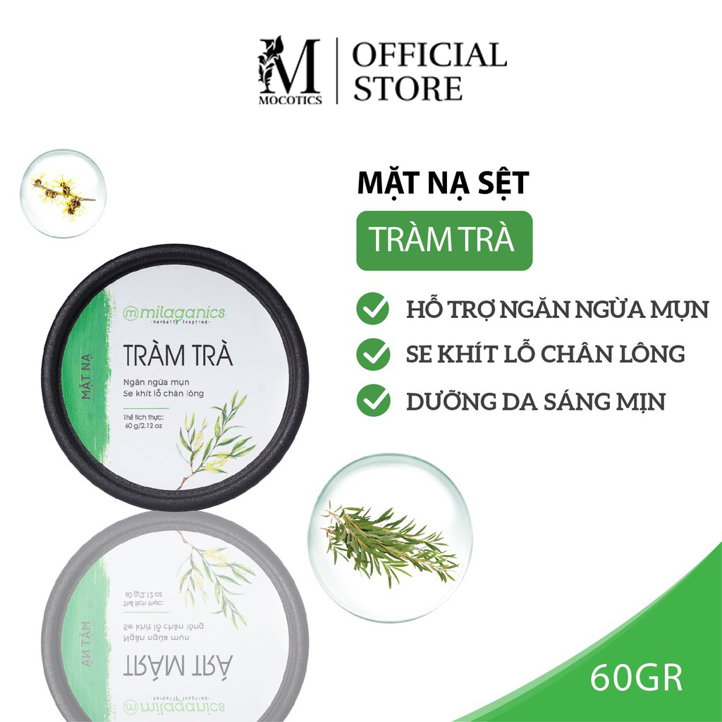Mặt nạ đất sét ngừa mụn & làm khô vết nhân mụn giúp thu nhỏ lỗ chân lông hiệu quả từ tinh dầu tràm trà nguyên chất milaganics 60g