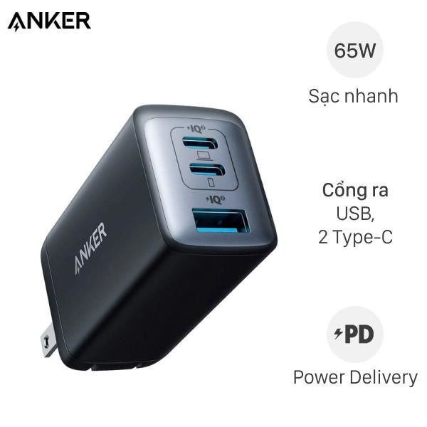 Cốc sạc 3 cổng usb type c pd qc 3.0 gan 65w anker powerport iii pod a2667