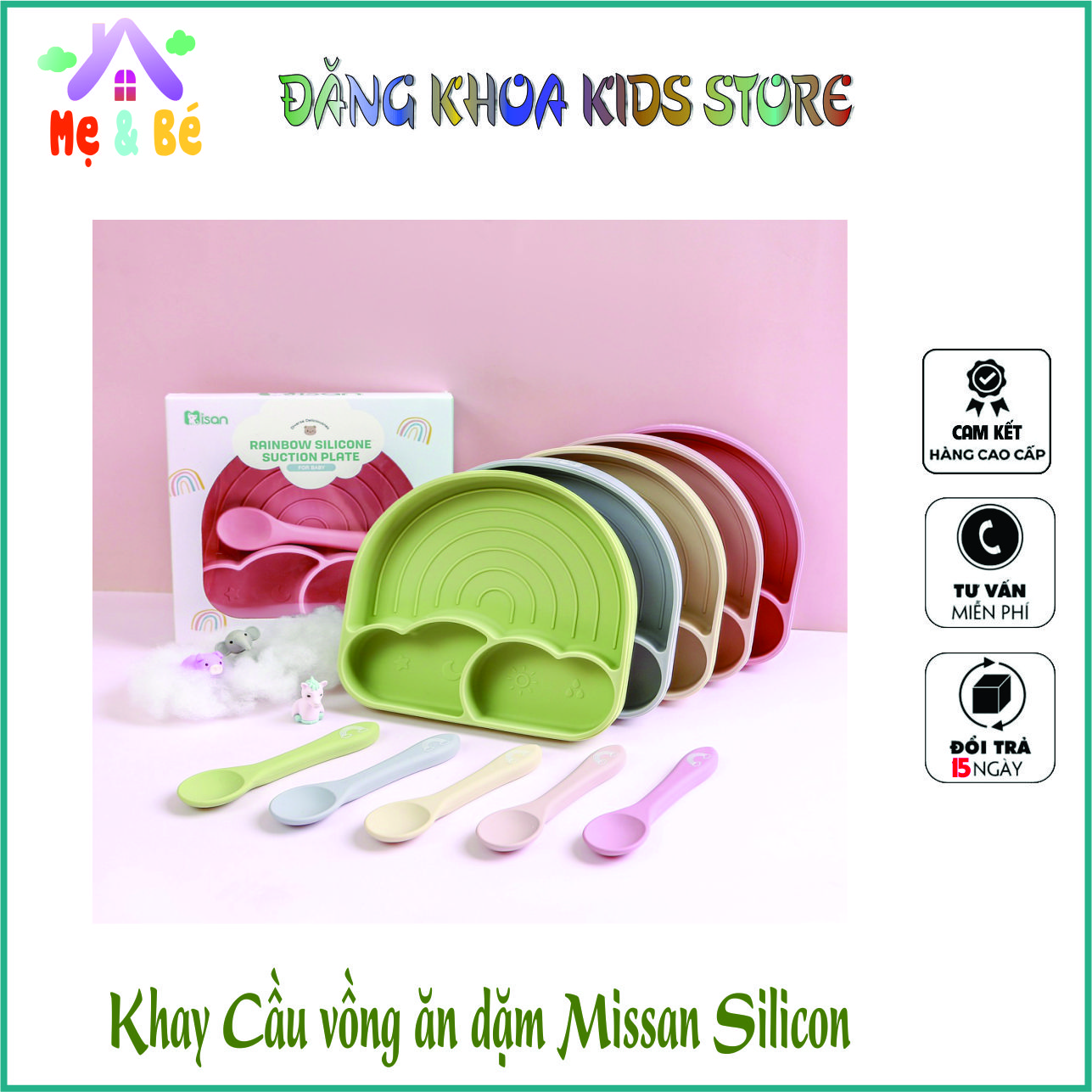 Khay đựng đồ ăn dặm Misan - Khay ăn dặm Cầu vồng Silicon Misan 3 ngăn BLW kèm thìa - ĐK3160