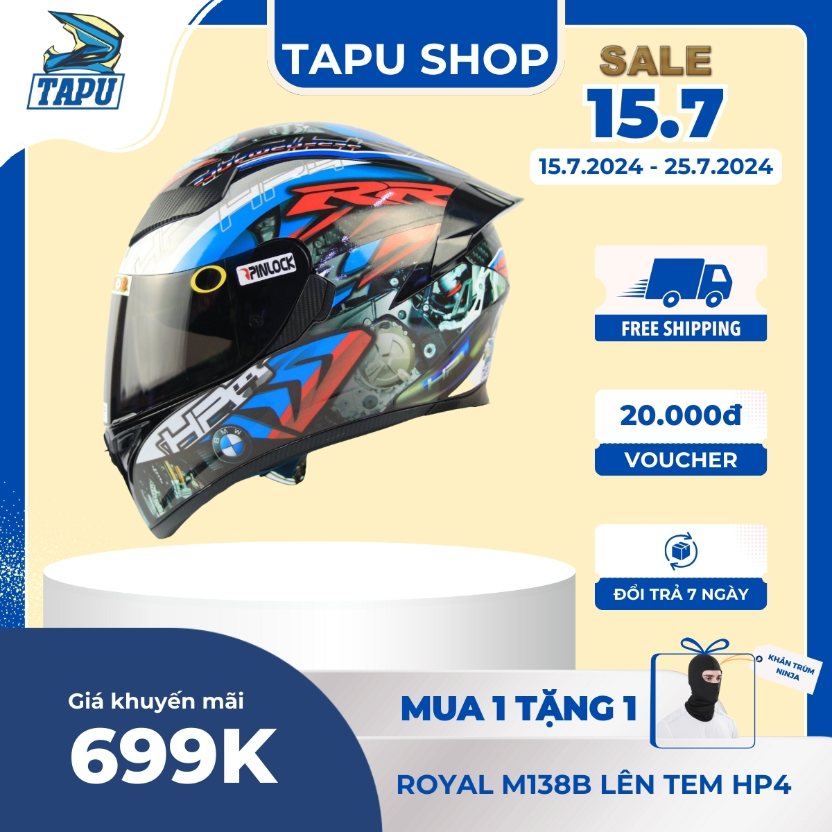 Nón Fullface ROYAL M138B 1 Kính Lên Tem BMW HP4 - Tapu Shop