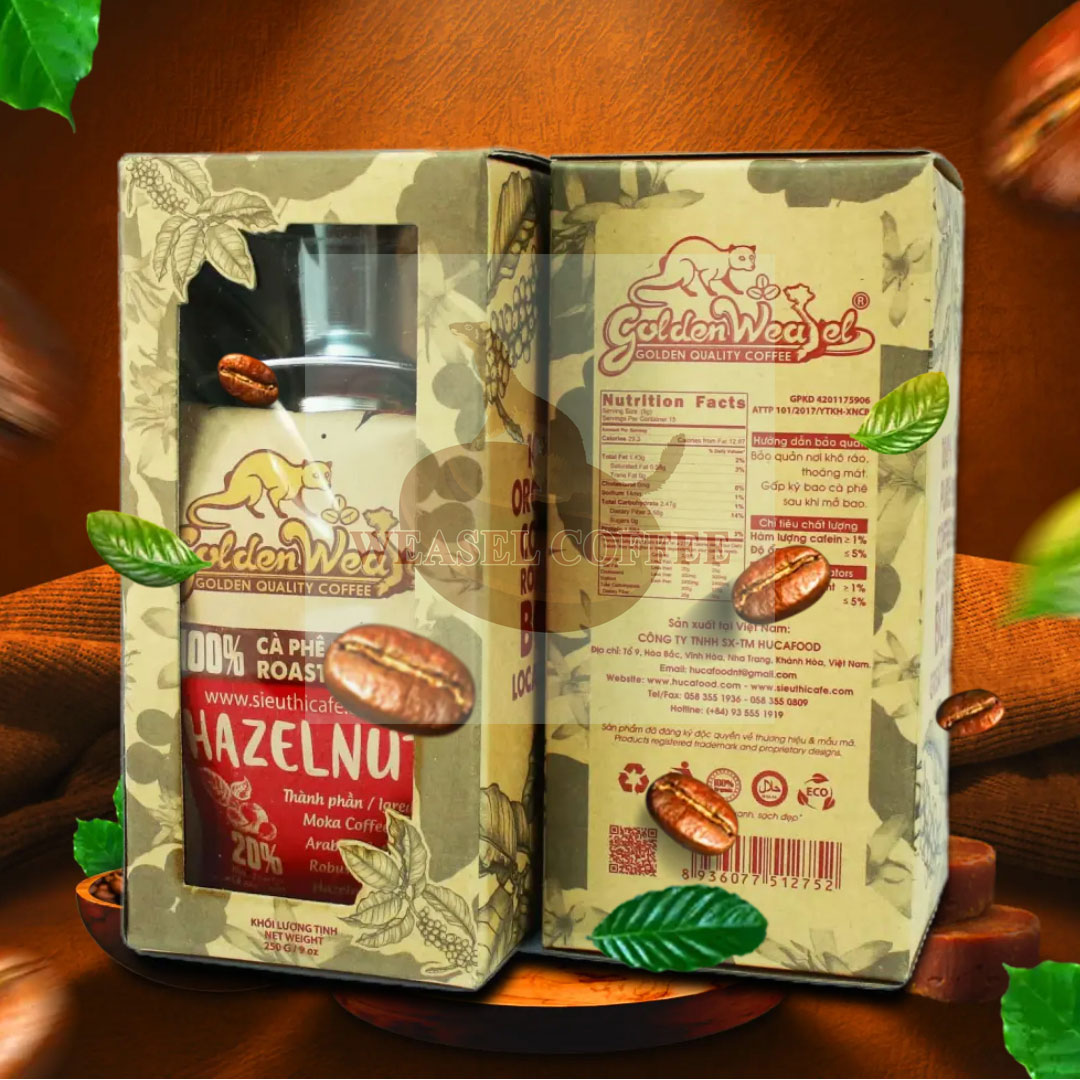 Cà phê chồn vàng - hazelnut 250g bột - hộp kraft kính