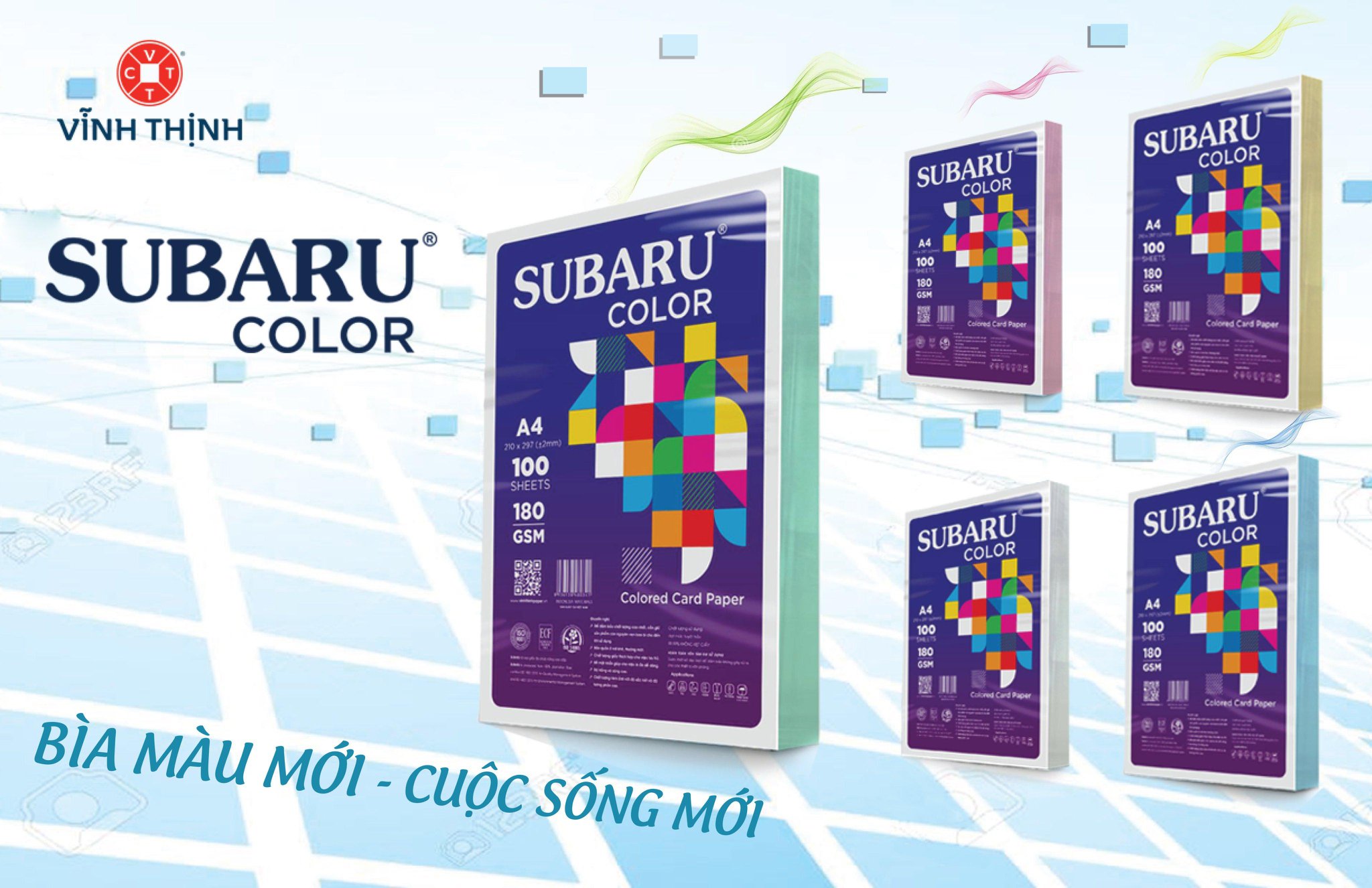 Bìa Màu 100 tờ, 5 Màu Dịu Nhẹ – Khổ A4, Định Lượng 180 gsm. – Thương Hiệu Bìa Màu SUBARU COLOR. Hàng Việt Nam Chất Lượng Cao Chuẩn Hội Nhập.  -  Giấy Bìa Màu A4 180gsm. - Giấy Bìa Cứng, Mỗi Xấp một màu 100 tờ.