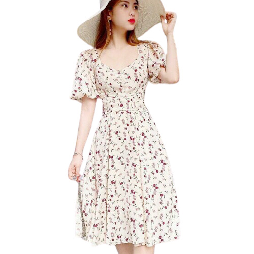 [HCM]Đầm nữ xòe in bông hoa  tay ngắn cổ vuông thời trang mới Đ108