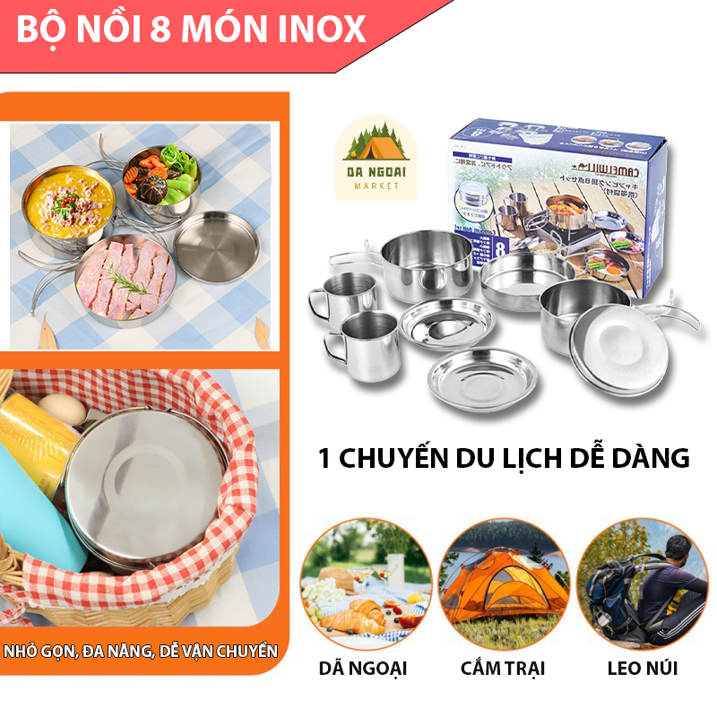 Bộ nồi nấu ăn cắm trại du lịch dã ngoại hiệu camel 8 món gọn nhẹ xuất nhật - bộ nồi chảo cốc mini dã ngoại phượt camping tiện lợi - dcp2