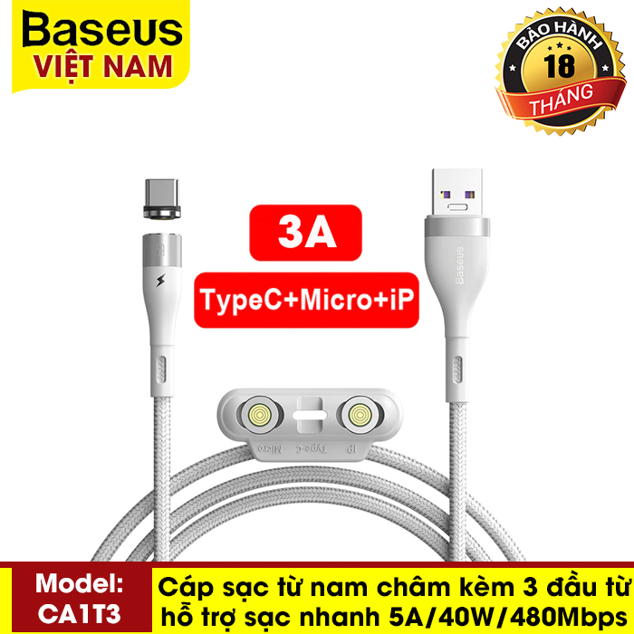 Cáp sạc từ nam chân Baseus ZinC hỗ trợ sạc nhanh 3A-5A/40W/  kèm 3 đầu từ chuẩn Micro USB  Lightning Type C