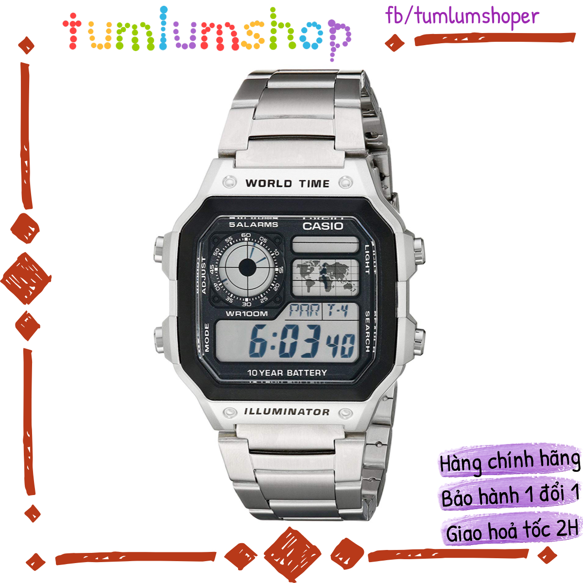 Đồng Hồ Nam AE1200WHD-1A Dây Thép Không Gỉ