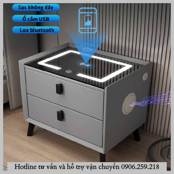 Tủ đầu giường thông minh 2 tầng tích hợp sạc không dây, loa bluetooth, đèn led ngủ, khoá vân tay