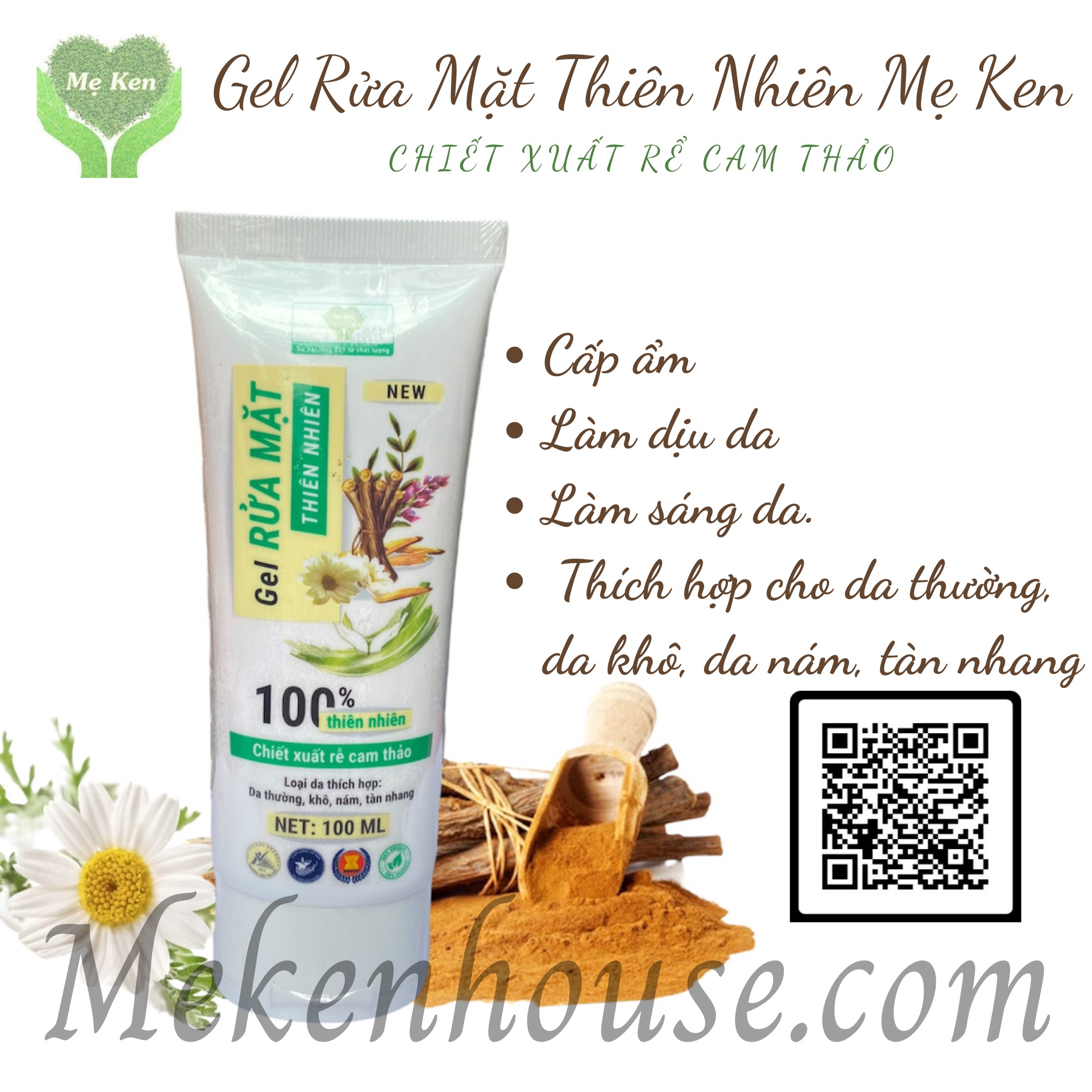 [HCM]GEL RỬA MẶT THIÊN NHIÊN CHIẾT XUẤT RỄ CAM THẢO MẸ KEN tuýp 100ml - Dành cho da thường khô nám tàn nhang