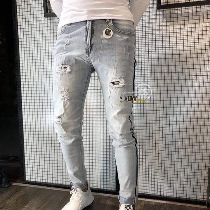 [HCM]quần jean nam trắng xám xanh mẫu mới 2019 phối sọc hai bên kèm rách xước sành điệu ms 1993 violet_fashion