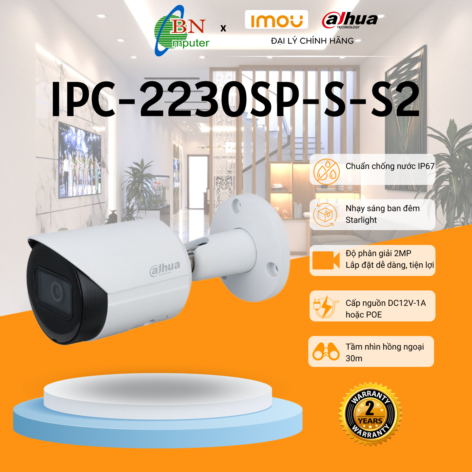 Camera IPC ngoài trời Dahua HFW 2230SP-S-S2 1080P Starlight ban đêm có màu trong điều kiện ánh sáng yếu