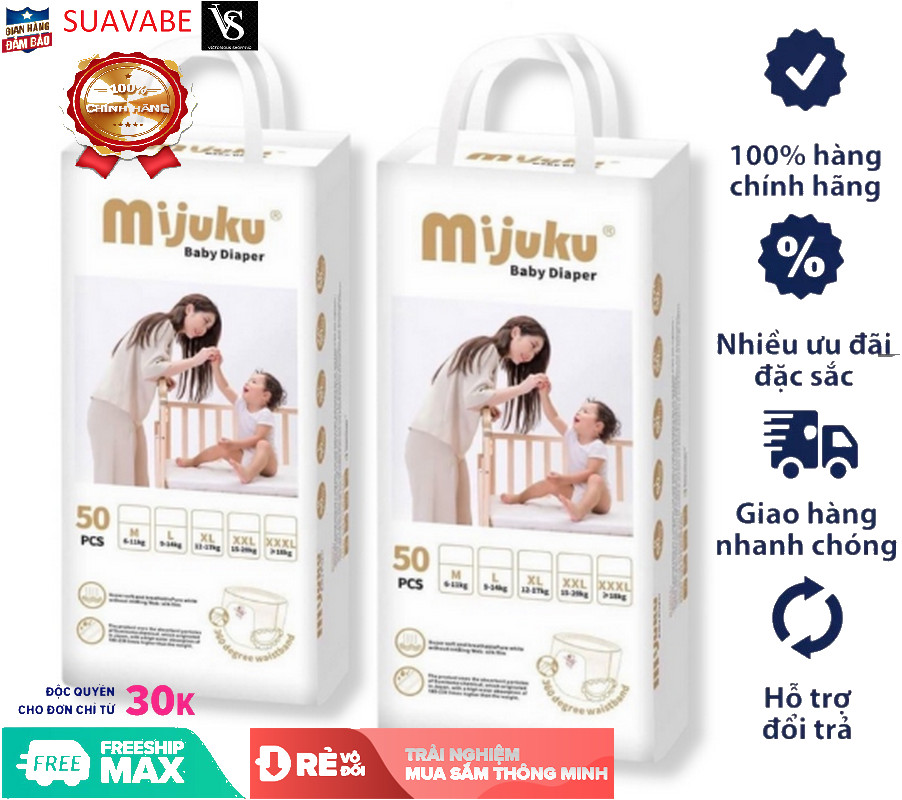 Tã quần Mijuku xuất Nhật 50 miếng đủ size từ M đến 3XL - Bỉm siêu thấm hút an toàn cho làn da bé
