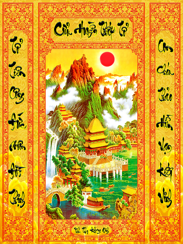 Tranh dán tường trang trí bàn thờ phòng thờ Cửu Huyền Thất Tổ nền vàng CHTT011 loại cao cấp nhiều kích thước