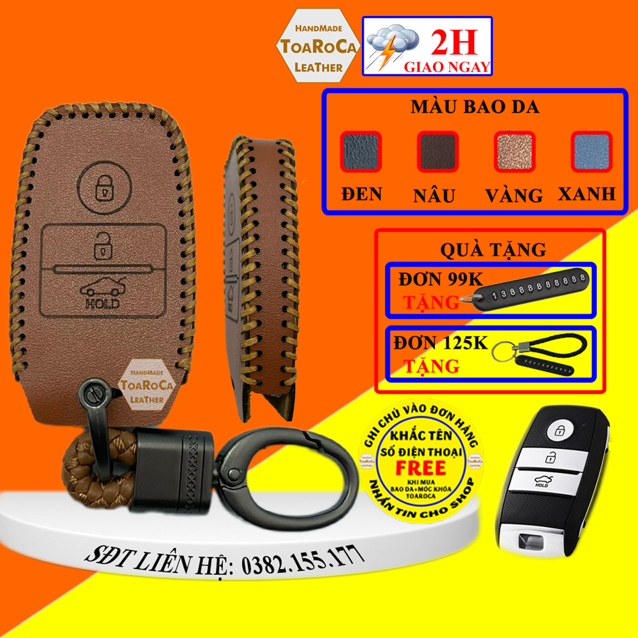 Bao Da Chìa Khóa Smartkey Ô Tô Kia Morning 2021,Kia Seltos,Soluto,K3, Cerato 14-18, Sorento(loại 3 nút) Da Bò,Hanmade