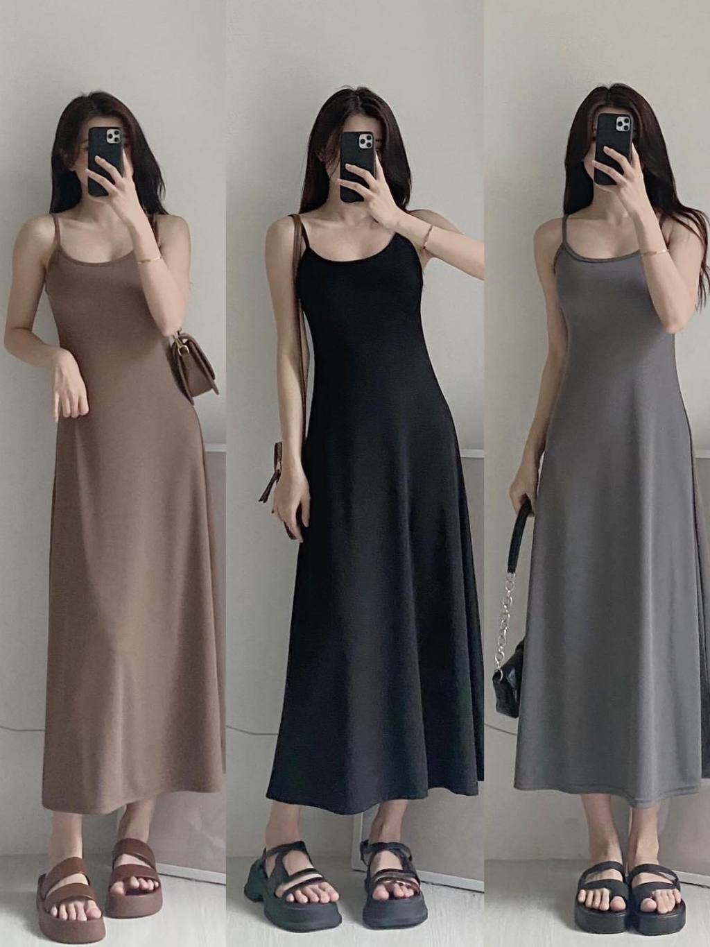 Set áo khoác cardigan đầm nữ đẹp chất thun gân kèm váy 2 dây form dài xòe chất thun gân trung dày dặn che khuyết điểm - HITCLOTHING - HITSE010