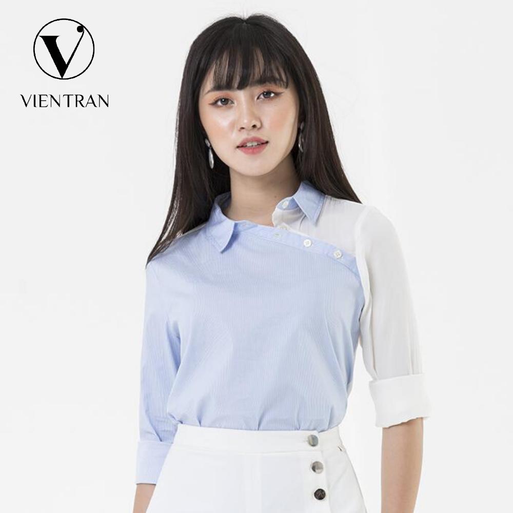Áo sơ mi nữ cổ đức nút cài lệch Vien Tran V61H19Q031 (Tím / Xanh Dương)
