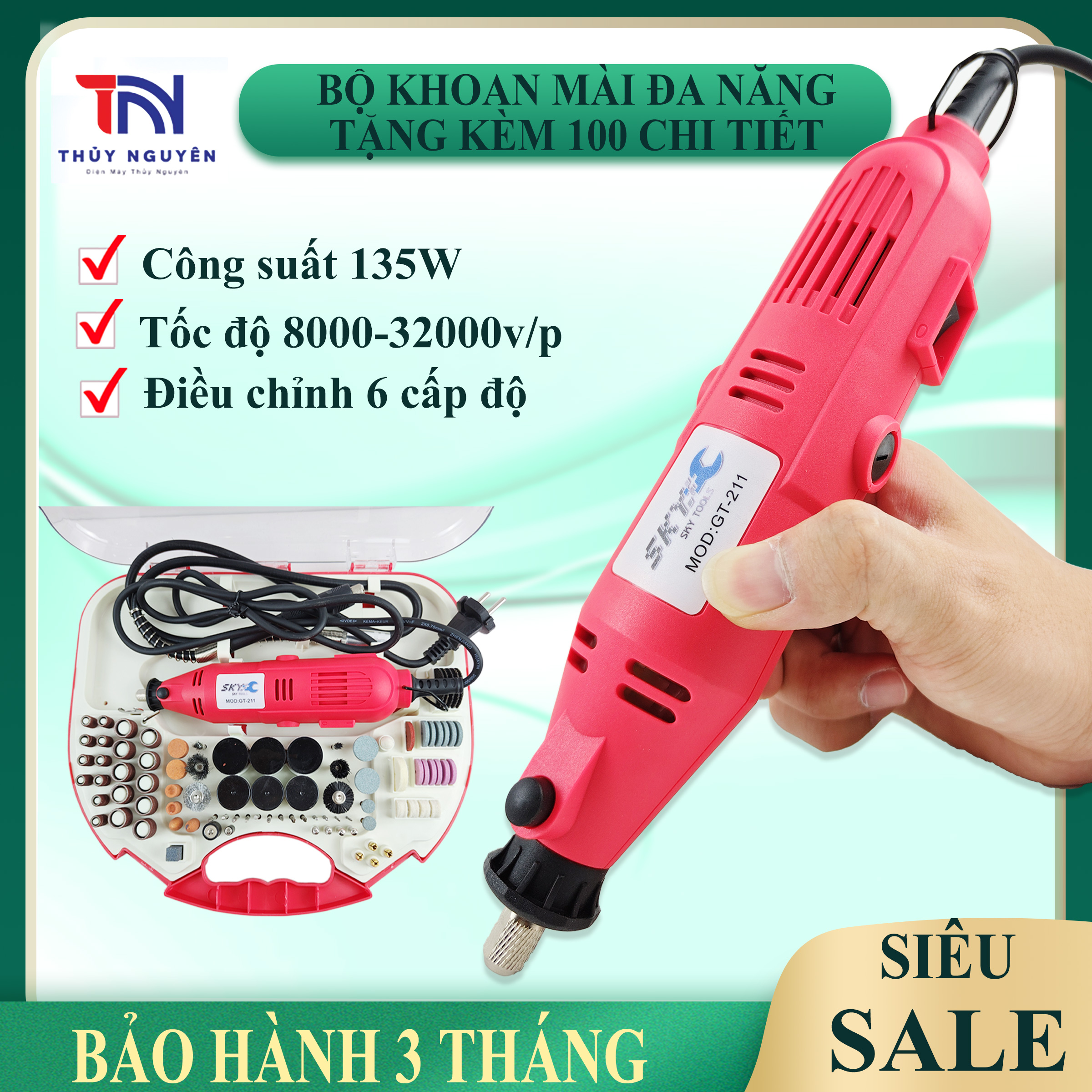 Bộ máy khoan mài điêu khắc đa năng sky gt211| khoan - cắt - mài đa năng - máy làm lũa - điêu khắc | đầu mũi 3 ly, điều chỉnh tốc độ 6 cấp | bộ phụ kiện 100 chi tiết | bảo hành 3 tháng