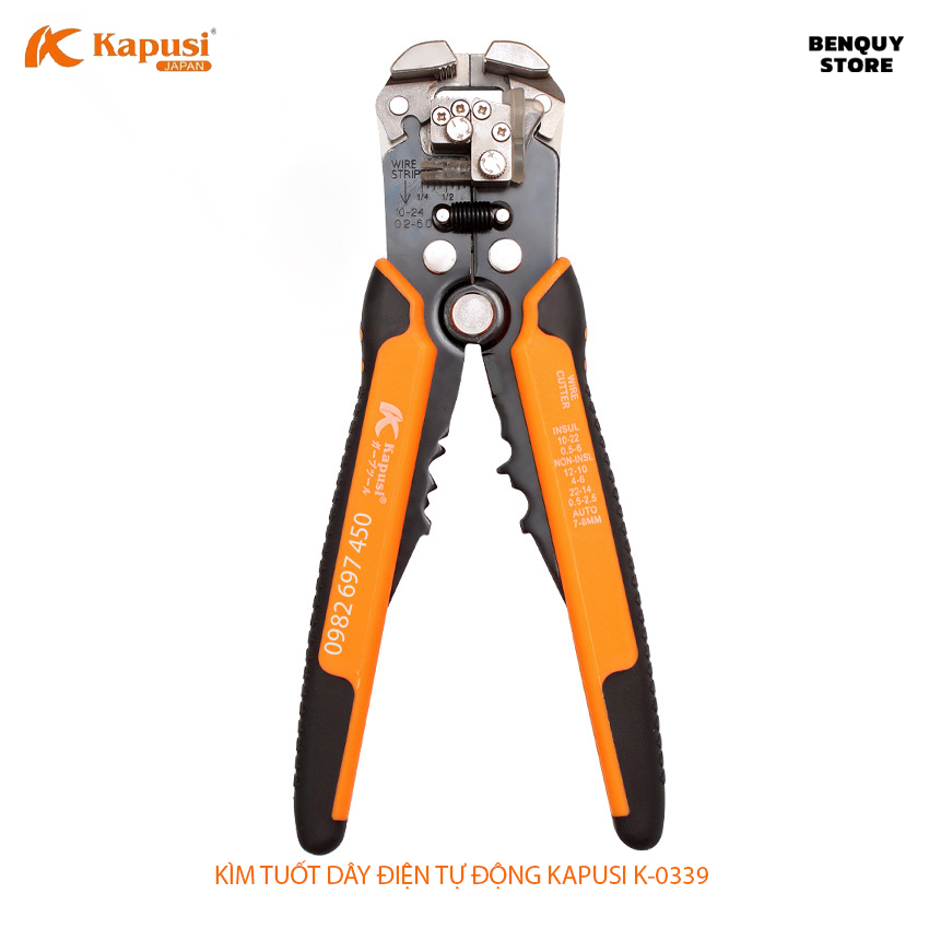 Kìm tuốt dây điện tự động kapusi japan k-0339. kìm tuốt dây điện phạm vi 0,2-6mm, thương hiệu nhật bản lưỡi kìm sắc bén.
