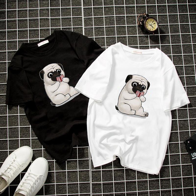 Áo thun unisex form rộng chó pug dễ thương vải dày mịn 2019T2170