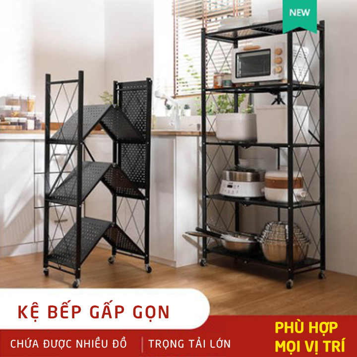 Kệ Bếp 4 Tầng Gấp Gọn, Khung Thép Chống Gỉ Kèm Bánh Xe Di Chuyển Đa Năng - Kệ Lò Vi Sóng, Tủ Bếp 4 Tầng Gấp Gọn, Thép Chịu Lực Cao Cấp