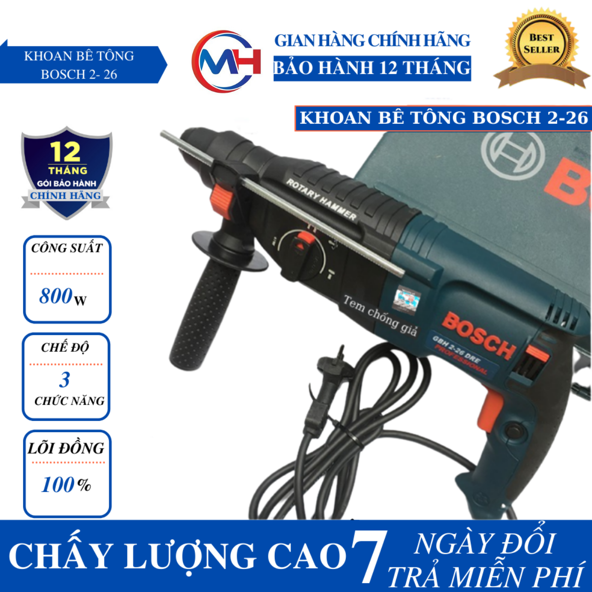 Máy khoan bê tông 2-26 100% dây đồng 3 chức năng tem chữ nổi