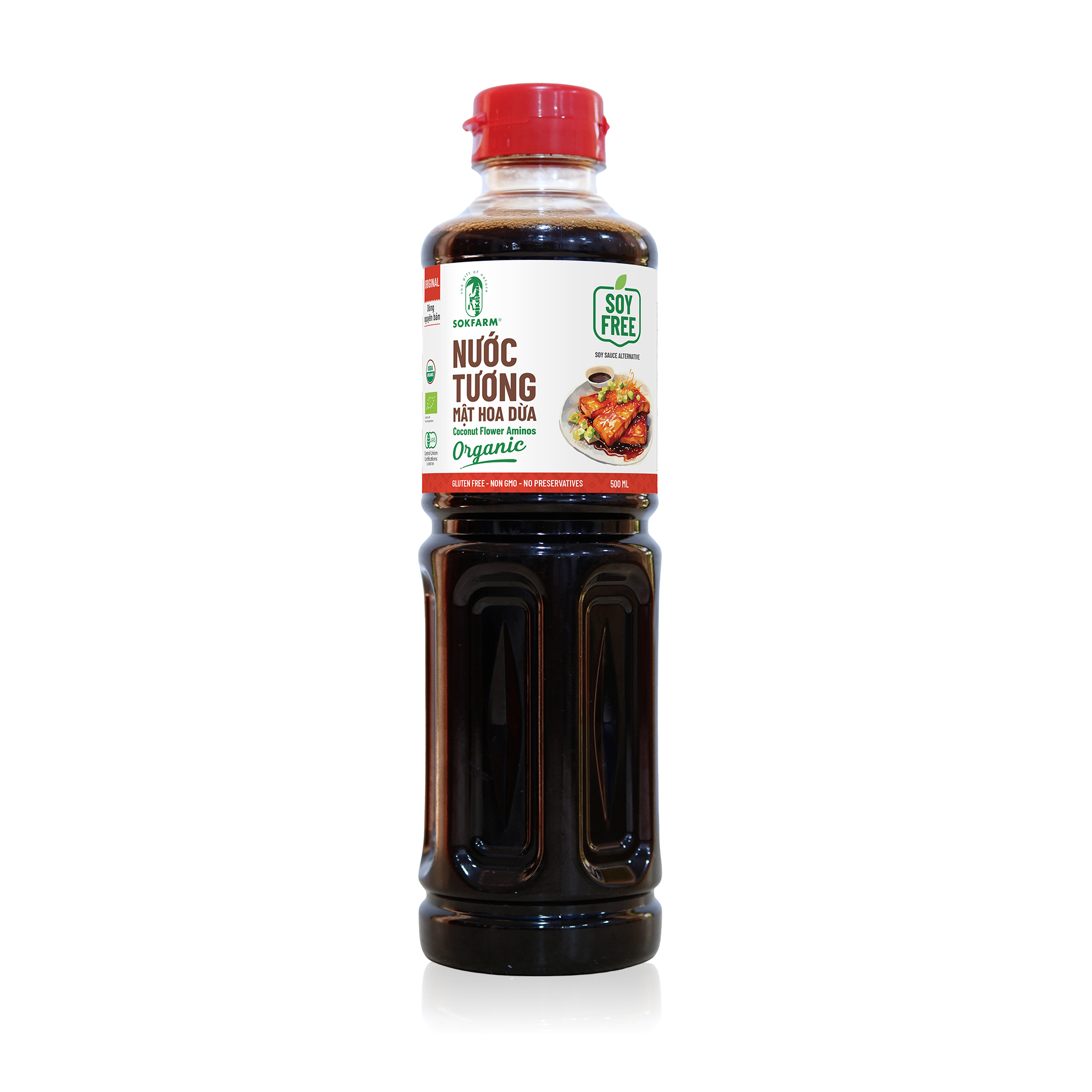 Nước tương mật hoa dừa hữu cơ Sokfarm chai 500ml, nước tương dòng nguyên bản vị Umami tự nhiên