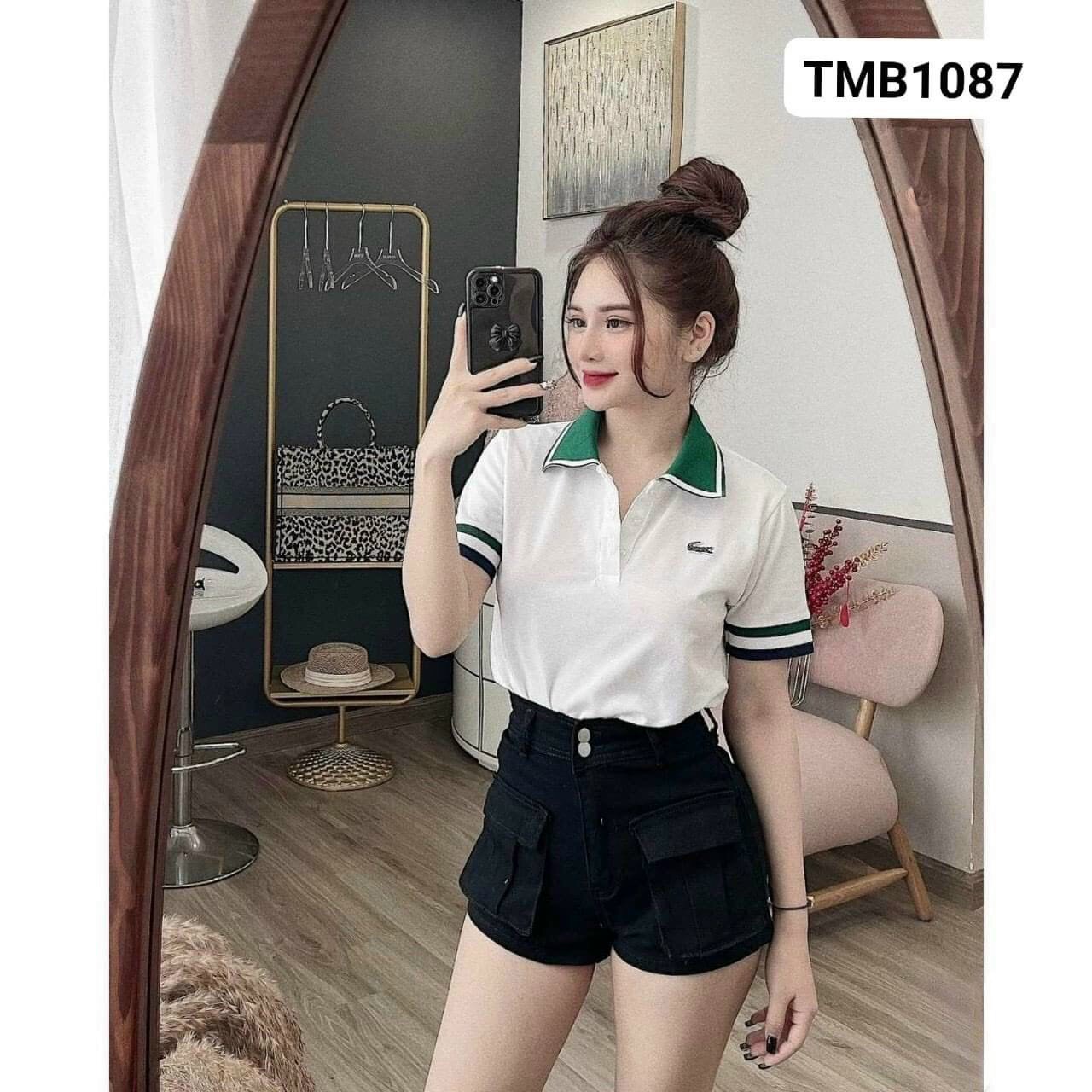 Áo polo nữ trắng cổ xanh, áo thun nữ polo năng động