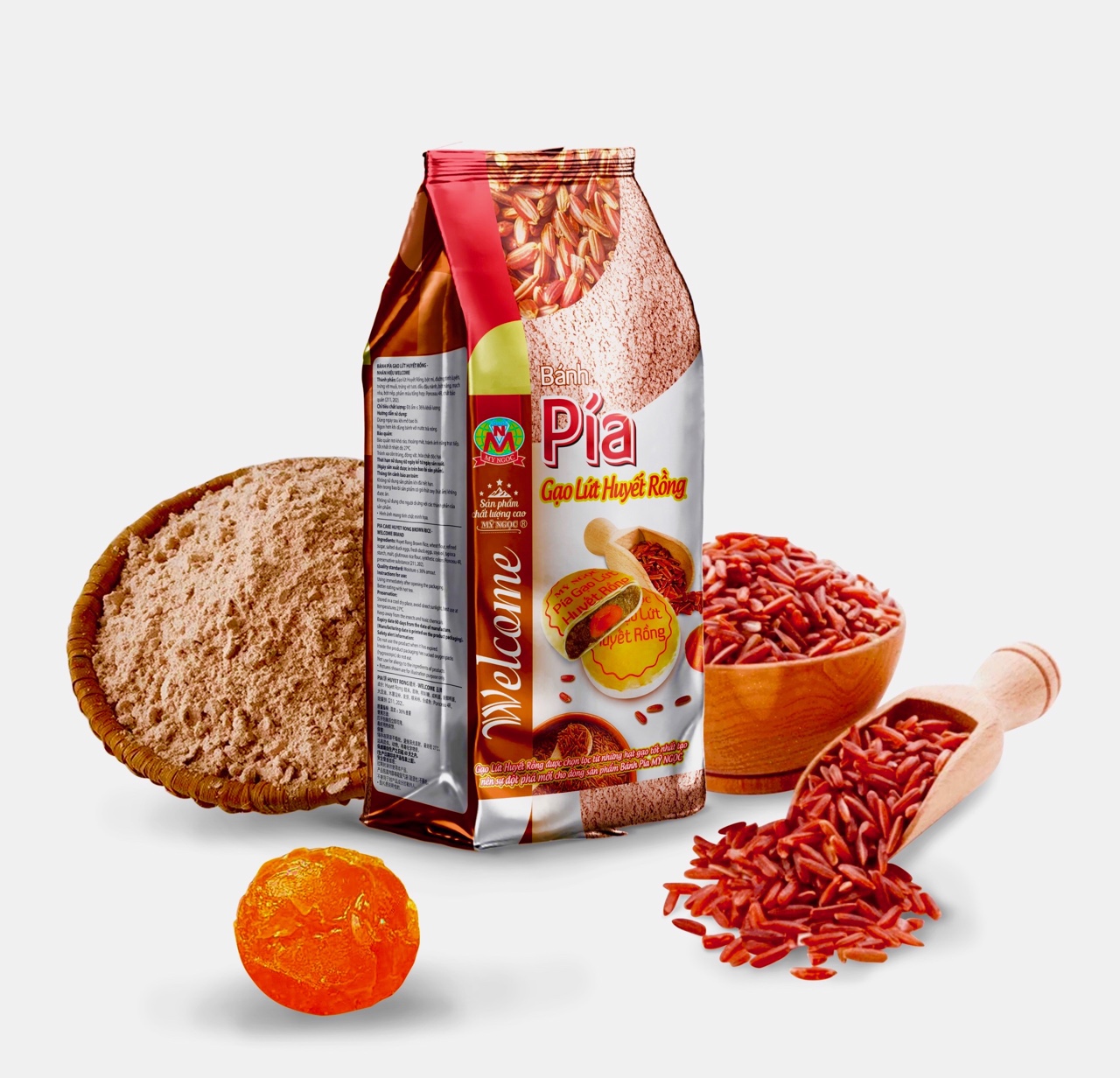 Welcome _ 240g 4 Bánh pía GẠO HUYẾT RỒNG thượng hạng, KHÔNG sầu riêng, 1BÁNH có 1/4TrứngMuối, vitaB & chất chống oxi hóa