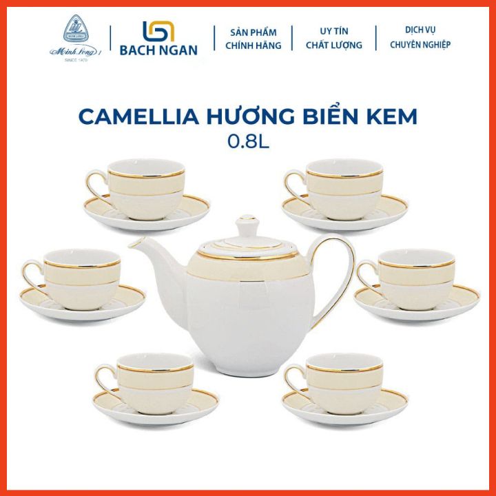 Bộ Ấm Trà Gốm Sứ Cao Cấp Minh Long 0.8 L - Camellia - Hương Biển kem hàng đẹp, sang trọng đãi khách, quà tặng - 6 tách