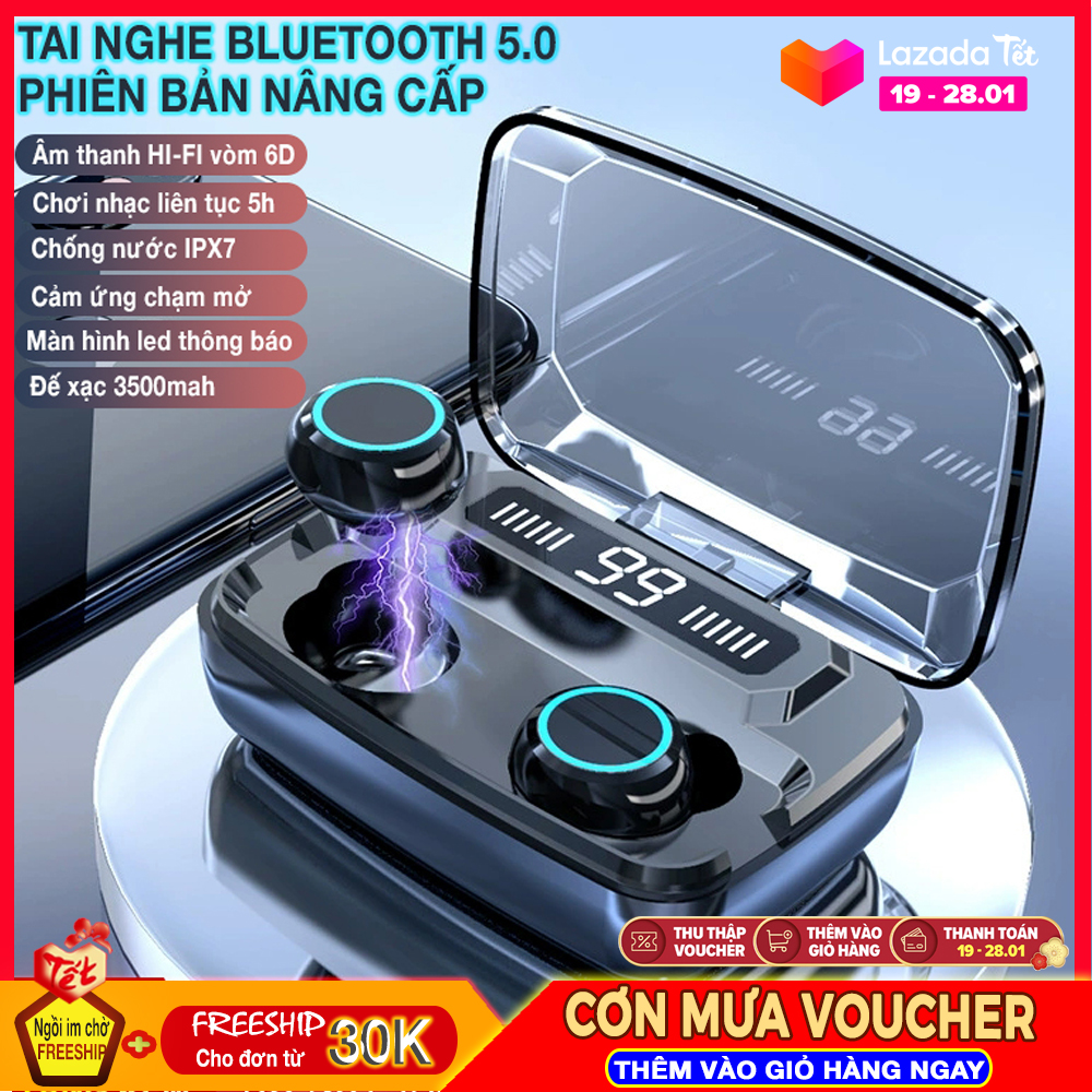 Tai nghe không dây TWS Bluetooth 5.0 âm thanh Hi-Fi,Chống nước IPX7, có cảm ứng chạm, tự động kết nối thông minh, thời gian chơi nhạc lâu thích hợp việc chơi game, học ngoại ngữ hay lái xe trong thời gian di chuyển dài