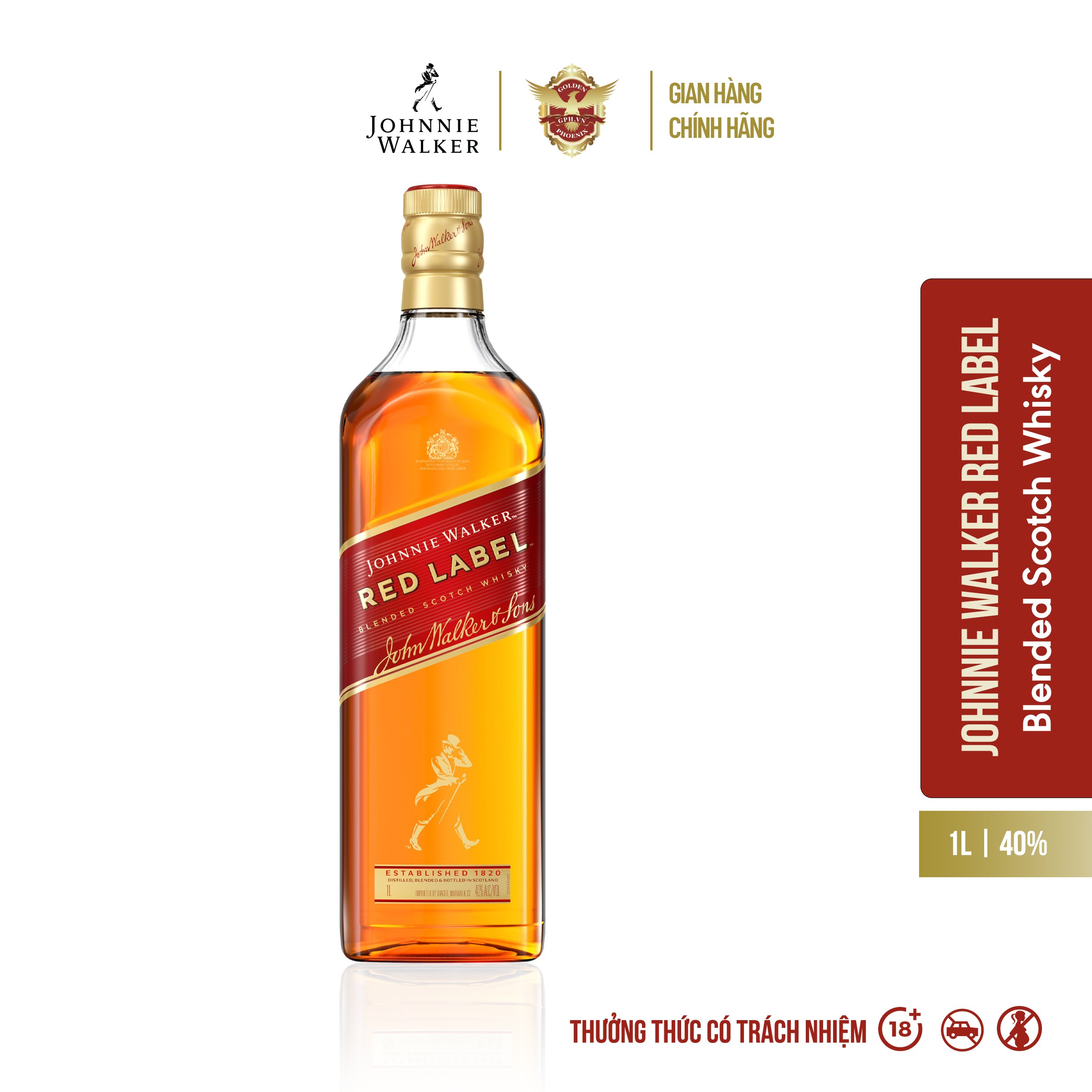 Rượu Johnnie Walker Red Label Blended Scotch Whisky 40% 1L [Kèm Hộp] - Rượu Whisky Đậm Đà, Mạnh Mẽ