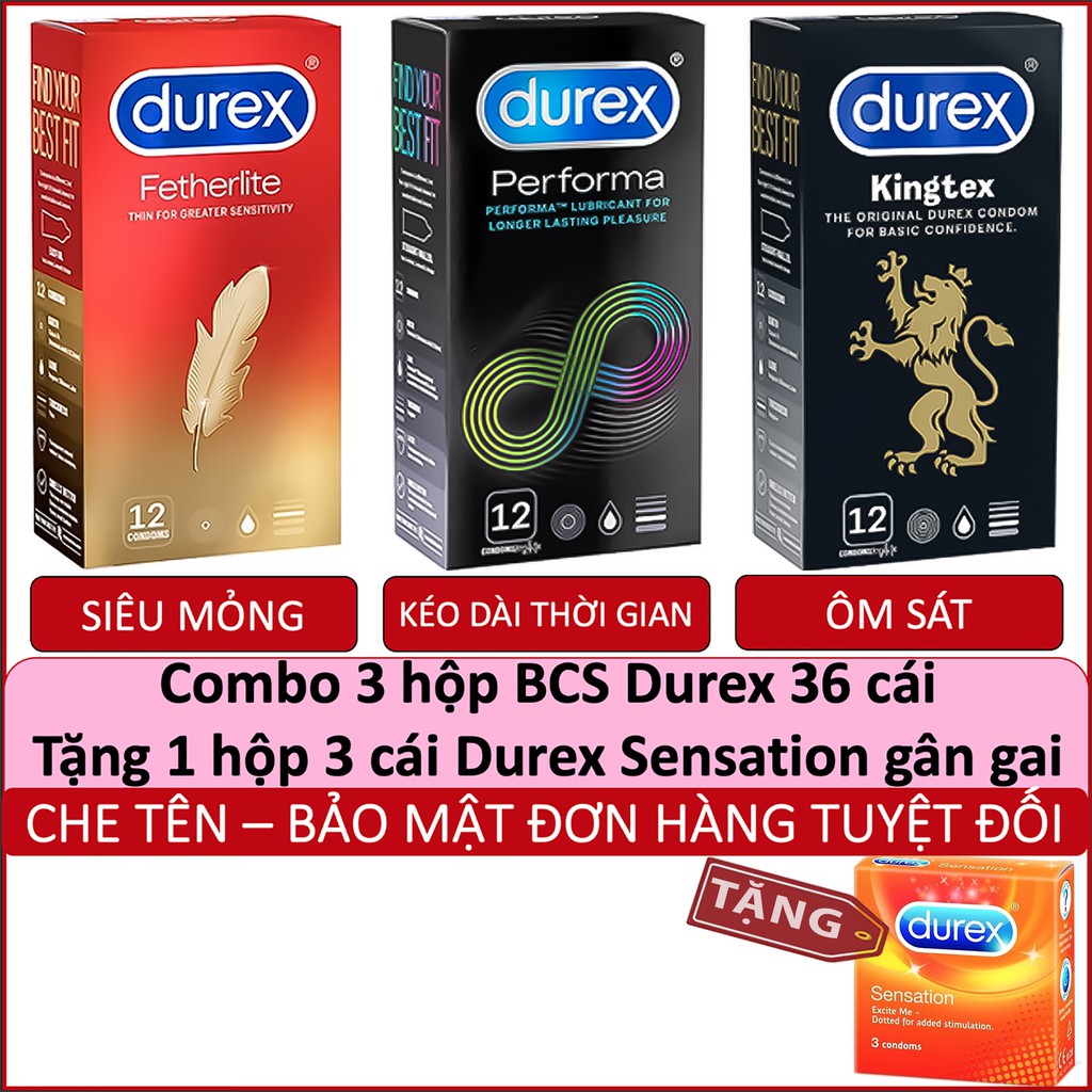 Combo 3 hộp 36 cái bao cao su durex + tặng 1 hộp 3 cái gai li ti durex sensation