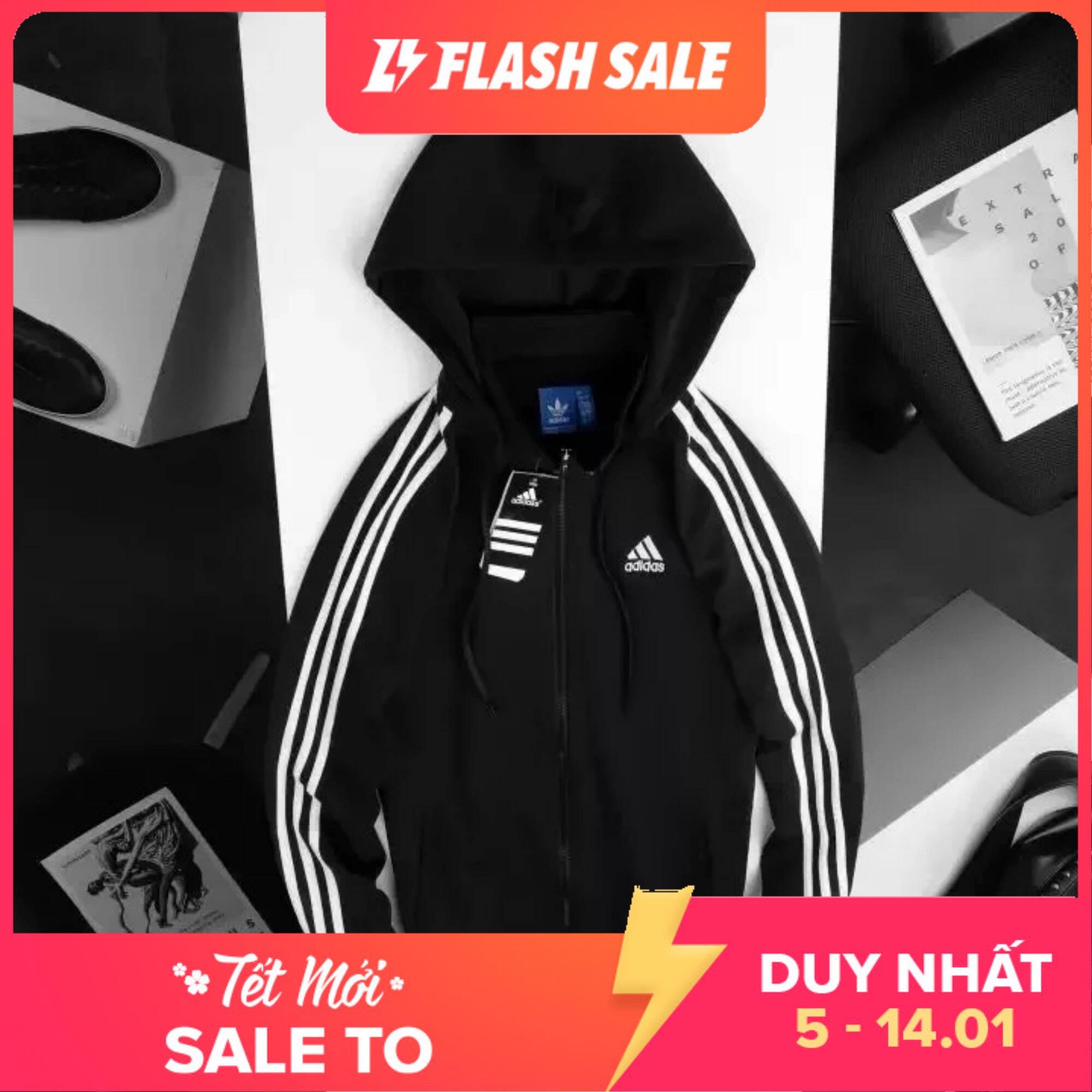 Áo Khoác Thể Thao Nam Nữ 3 Sọc Có Nón Chất Thun Polyester Dày Dặn Cao Cấp