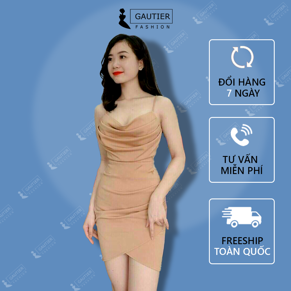 Đầm Váy Nữ Ôm Body - Đầm 2 Dây Cổ Đổ Xếp Ly ( Có Mút Ngực ) Thời Trang Gautier, Thích Hợp Dự Tiệc Công Sở Đi Chơi Dạo Phố, Tôn Dáng, Gợi Cảm, Onesize Từ 42 - 52kg