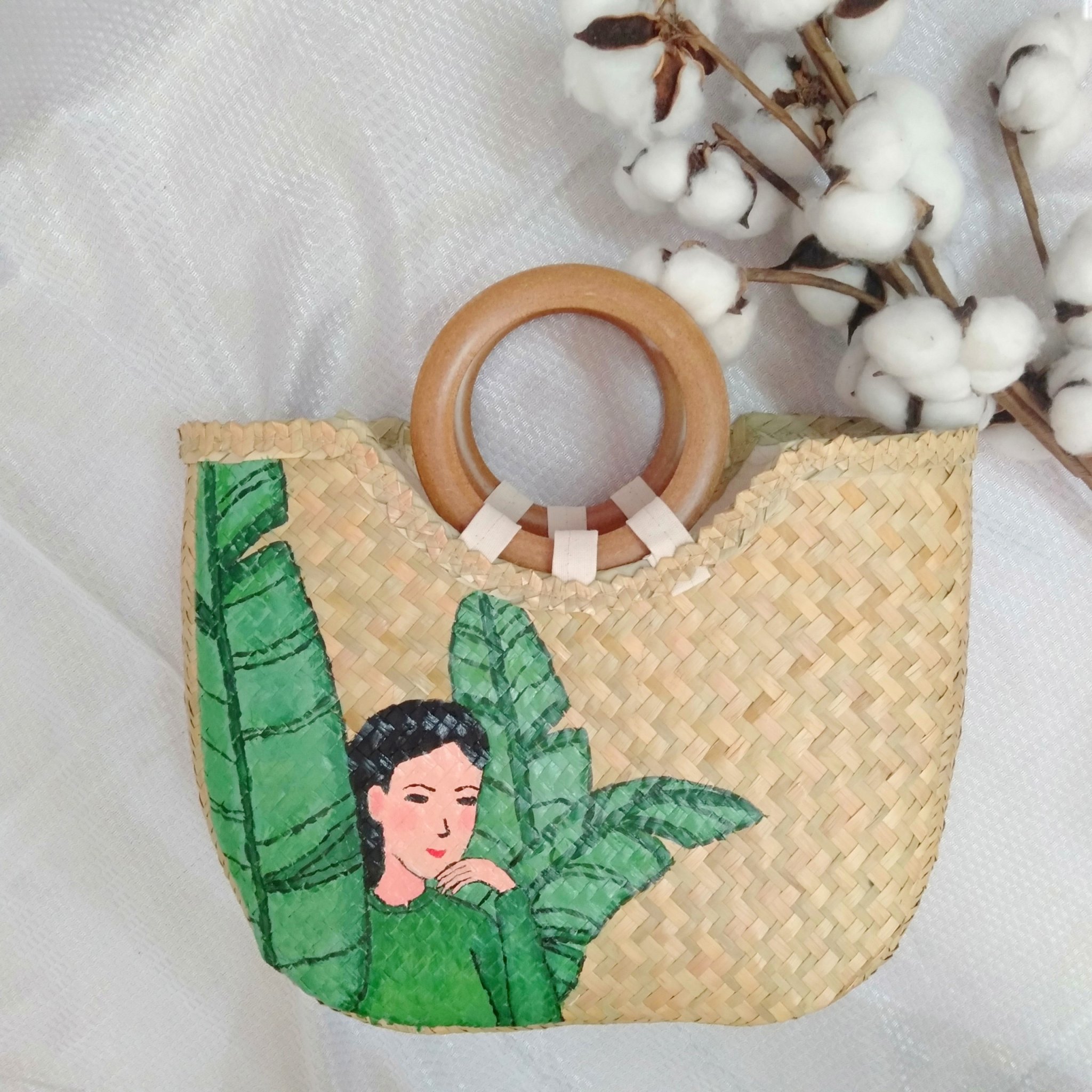 Túi cỏ bàng quai gỗ vẽ tay
