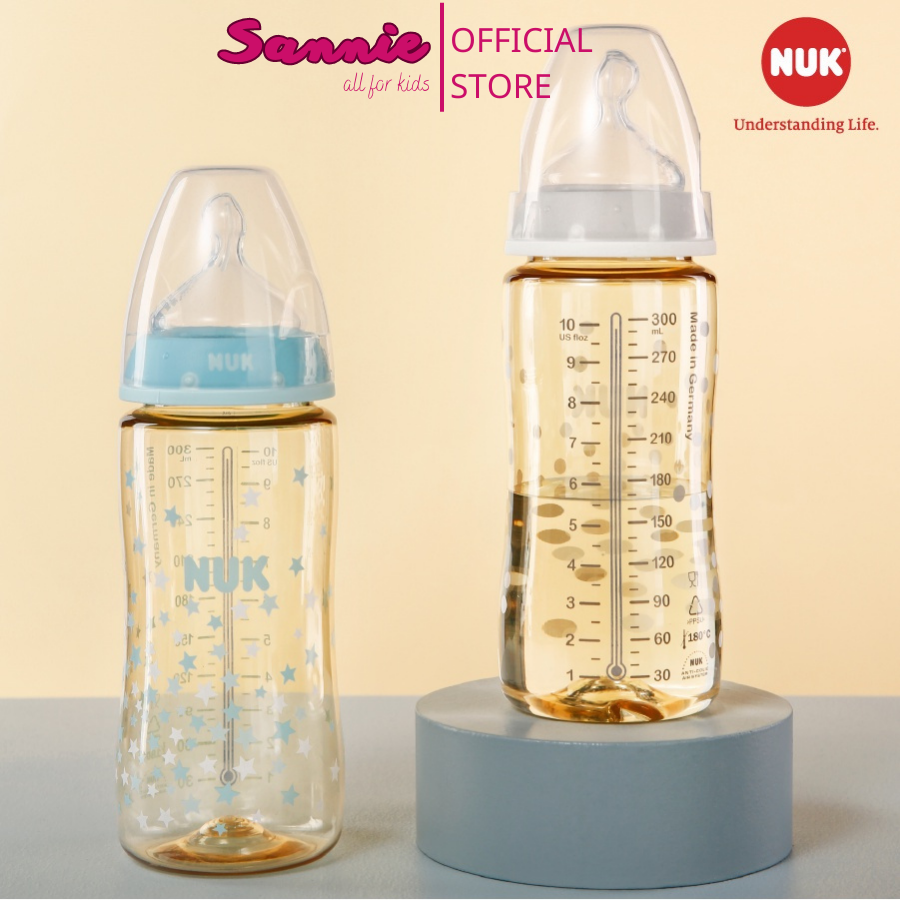 Bình sữa cảm biến nhiệt NUK nhựa PPSU cao cấp chuẩn EU núm ti silicone chỉnh nha 150ml, 300ml Sannie Store