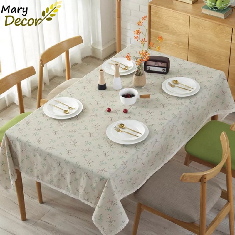 Khăn trải bàn tròn, chữ nhật, oval Mary Decor vải lanh cotton viền ren chất lượng cao - họa tiết Cành lá hoa nhí - KB-G03