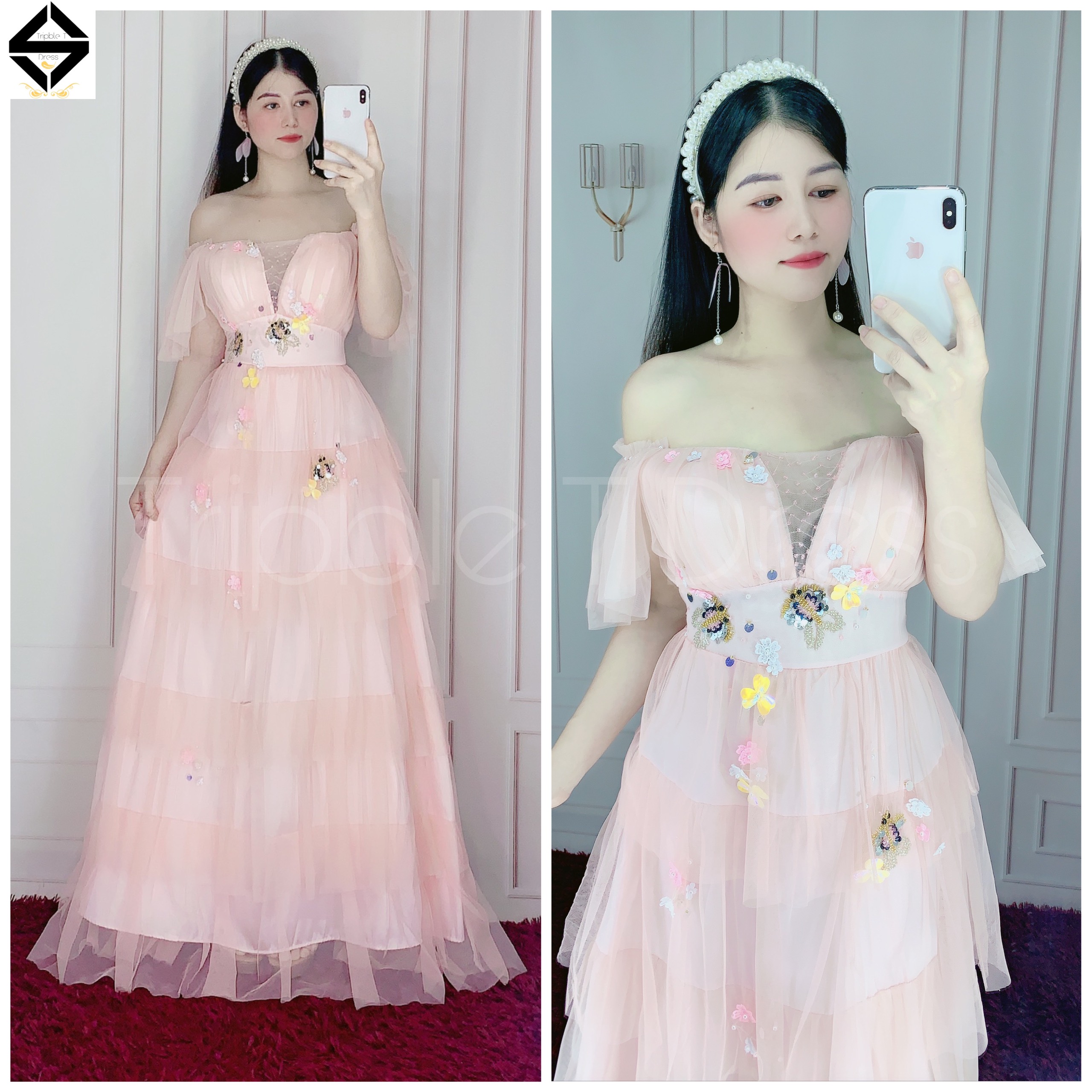 Đầm maxi bẹt vai xếp tầng kết cườm hình bướm tripble t dress 02 - size m/l - ms312v