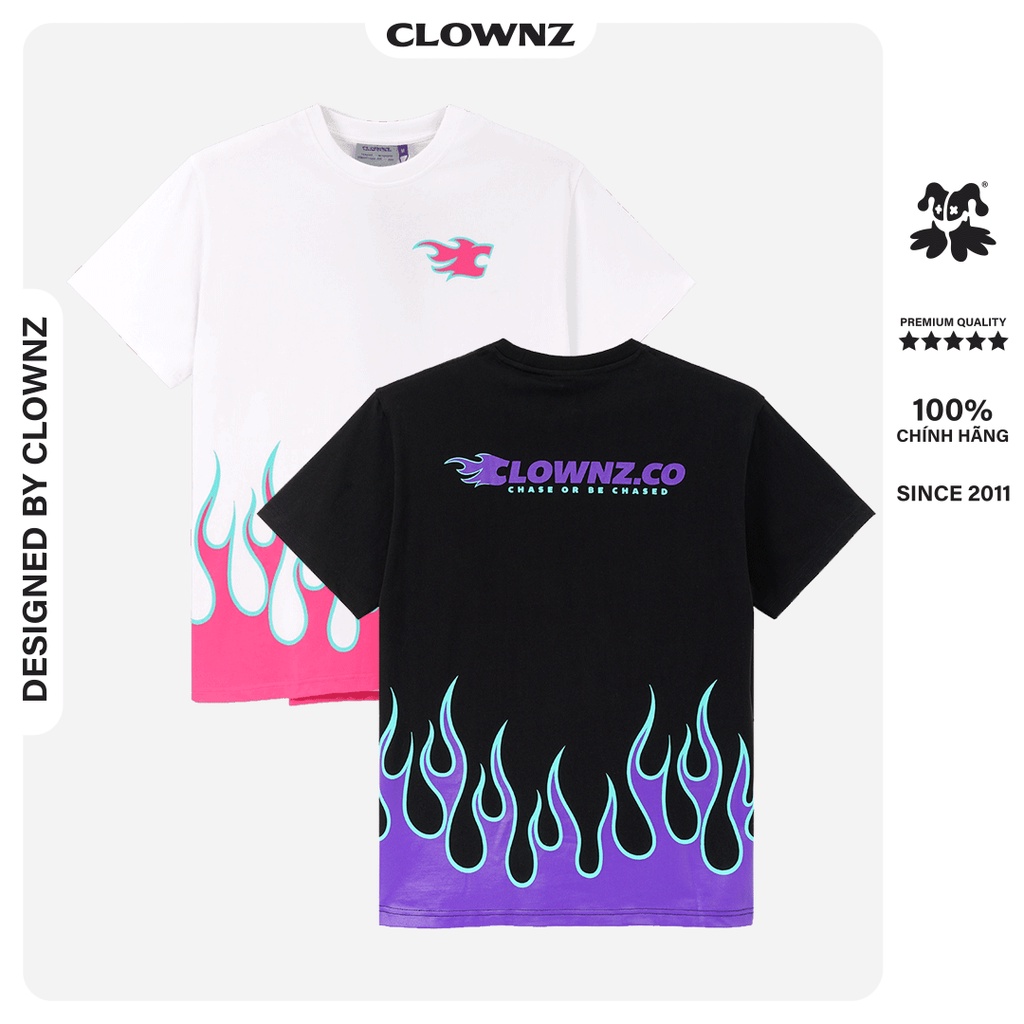 Áo thun tay lỡ local brand Clownz Racing Flames phông cổ tròn form rộng cotton unisex nam nữ